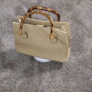 KATE LANDRY BEIGE Tote Bag with Bamboo Handles